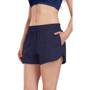 Period Swimear Shorts with Pockets 2 in 1 Bathing Suit Bottoms | 3" Wide Waistband Swim Short, Adjustable Drawstring, Sporty Side Split, Built-in Brief, Teen Women, Beach Surfing Boarding (S)