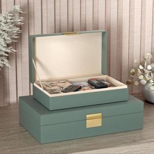 Decorative Storage Boxes Set of 2 - Multi-Purpose Beautiful PU Leather Organizer Bins for Your Home Decor - Decorative Containers with Lids Store Photos, Documents, Memory Box Keepsakes (Green)