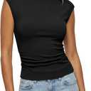 BTFBM Womens Summer Tops 2026 Boat Neck Cap Sleeve Tee Shirts Ruched Slim Fit Knit Going Out Tank Top Spring Fashion (XL)