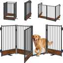 Freestanding Dog Gates with Door Metal Wood for Outdoor Indoor, 81'' Extra Wide 32'' Tall 4 Panels Free Standing Pet Gate for Doorways, Large Openings, Deck,Yard, Foldable Safety Dog Fence, Black