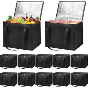 VZZNN Set of 10 XL-Large Insulated Reusable Grocery Bags with Zipper and Handles, Foldable Washable Heavy Duty Cooler Totes for Hot or Cold Food Delivery, Groceries, Catering, Travel, and Shopping, 16.1 x 10.2 x 13 inches