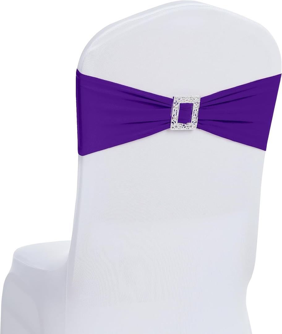 Joccun 60 PCS Spandex Chair Sashes Bows Stretch Chair Cover Band with Buckle Slider Universal Elastic Chair Ties for Wedding Banquet Party Event Decoration (Purple)
