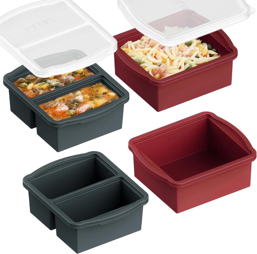 ZIP STANDING Silicone Freezer Trays with Lids, Set of 4 - with 1 Cup and 2 Cup Silicone Freezer Molds for Freezing Soups, Sauces and Individual Microwave Safe (4 Pack Grey and Red)