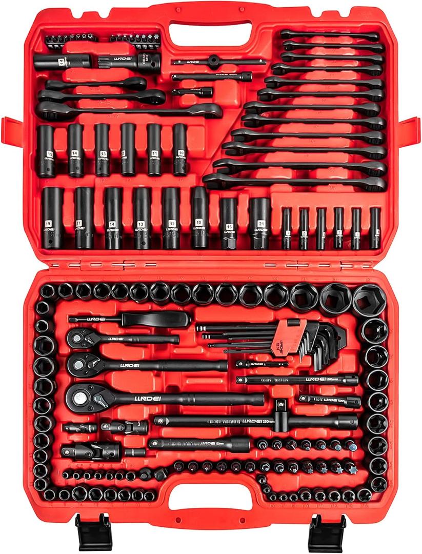 LLNDEI 160-Piece Mechanics Tool Set, Metric Socket Set 1/2 1/4 3/8 inch Drive Professional Tool Kit, CR-V Deep & Shallow Kit with Quick Release Ratchet