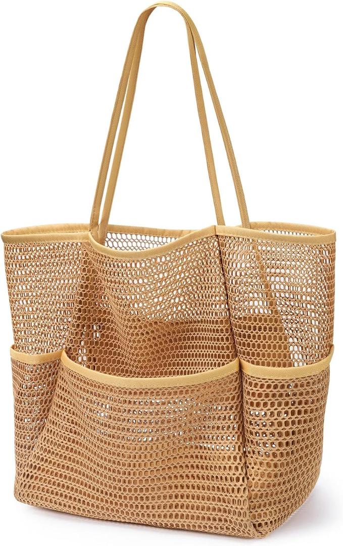 KPX Beach Bag with Mini Pocket, Summer Beach Tote Bags for Women Large Foldable Mesh Swimming Pool Travel Bags - Sandproof (Khaki)