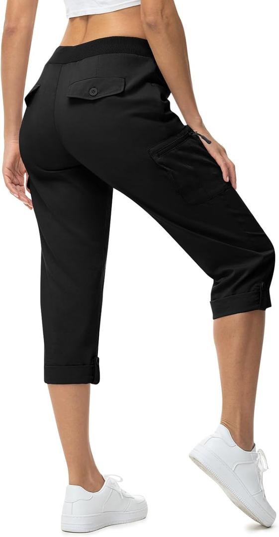 TBMPOY Womens Cargo Capris with Pockets Lightweight Hiking Capris Pants Quick Dry Casual Cropped Pants Summer Trip Cotton Black L