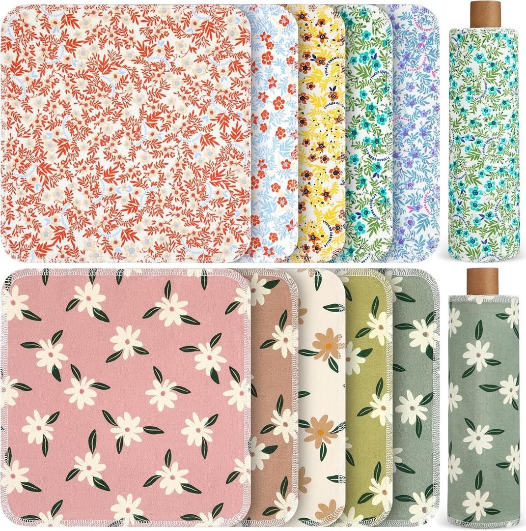 Redbaker 50 Pcs Reusable Paper Towels Paperless Reusable Cotton Cloths Toilet Absorbent Washable Paper Towels with Roll Kitchen Dishcloth for Kitchen Paperless Dishcloths(Charming)