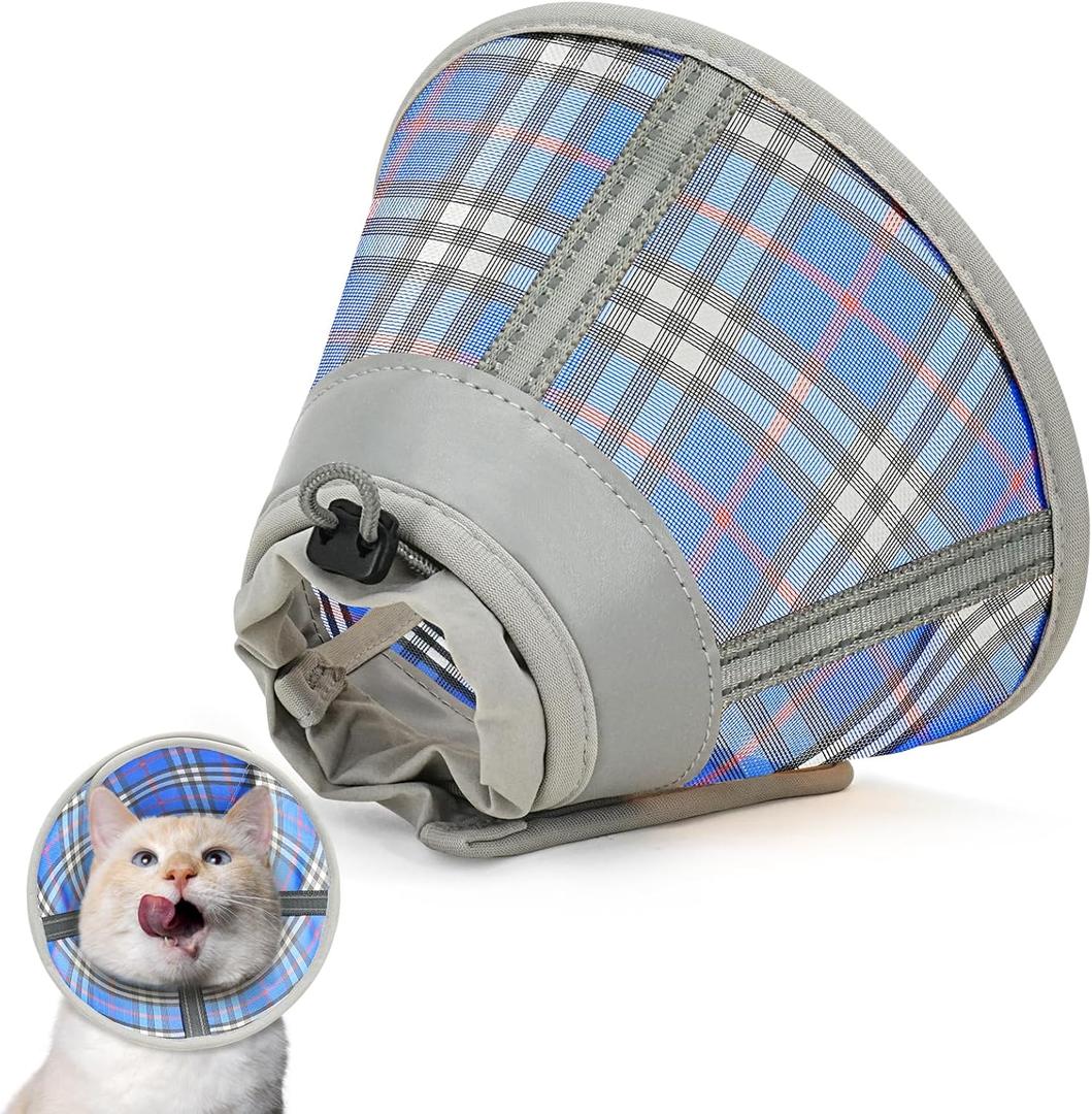 Cat Cone Collar Soft, Cat Recovery Collar for Large Medium Small Cats Kittens, Pet Cone Alternative After Surgery (L(Neck 9"-12"), With-BlueGrid)