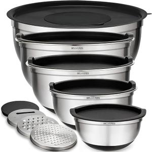 Belwares Mixing Bowls with Lids Set of 5 - Stainless Steel Mixing Bowl Set, Kitchen Nesting Metal Bowls with Non Slip Bottoms + 3 Grater Attachments, Airtight Lids, Food Prep + Storage, Matte Black