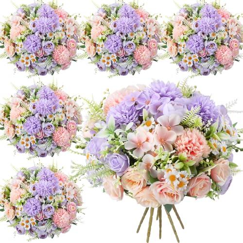Tigeen 6 Bundles Artificial Bouquet Flowers Artificial Peonies Faux Roses Hydrangea Flowers Bouquet for Wedding Table Centerpiece Floral Vase Decor (Pink,Purple)