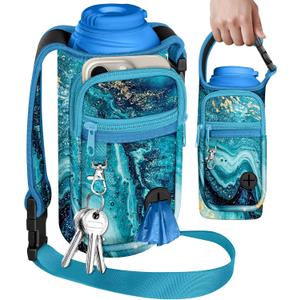 Toykee Portable Dog Water Bottle Carrier Bag for PupFlask 27oz - Travel Bottle Purse with Phone Pocket Strap, Pet Water Bottle Holder Cover Sling for Easy Walking Hiking (No Water Bottle) (Blue Marble)