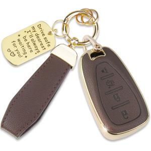 Soft TPU & Leather Key Fob Cover Compatible with Chevy Blazer Camaro Cruze Traverse Equinox Malibu Bolt EV Sonic Spark Trax Volt , with Keychain & Metal Blessing Tag (4 Button Coffee)