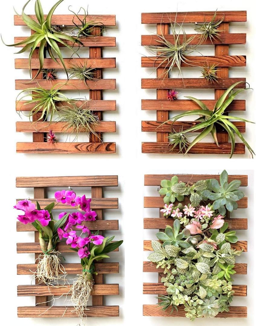 ShopLaLa Wall Planters - 4 Pack Wooden Hanging Planter for Indoor Outdoor Plants, Air Plant Succulent Orchid Holder, Live Vertical Garden Wall Mounted Plant Stand, Wall Christmas Decor 15.7" (40cm)