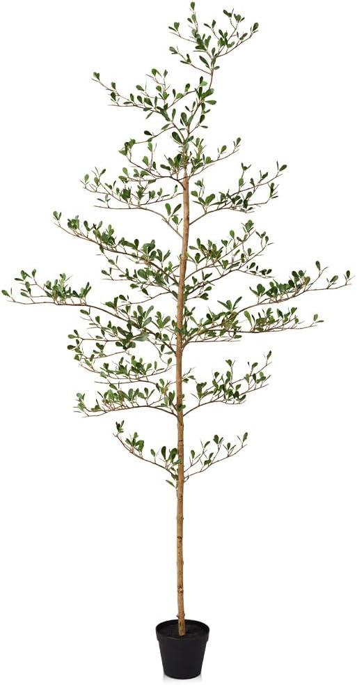 Artificial Black Olive Tree 6FT Indoor Outdoor Decor Faux Plants - Real Wood Trunk Fake Tree with Green UV Resistant Leaves - Tall Floor Plant for Modern Home Office Living Room Decoration