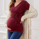 Love2Mi Maternity Shirts Long Sleeve Wrap Tie Front Side Ruched Maternity Tee Top Pregnancy Clothes Wine Red (XL)