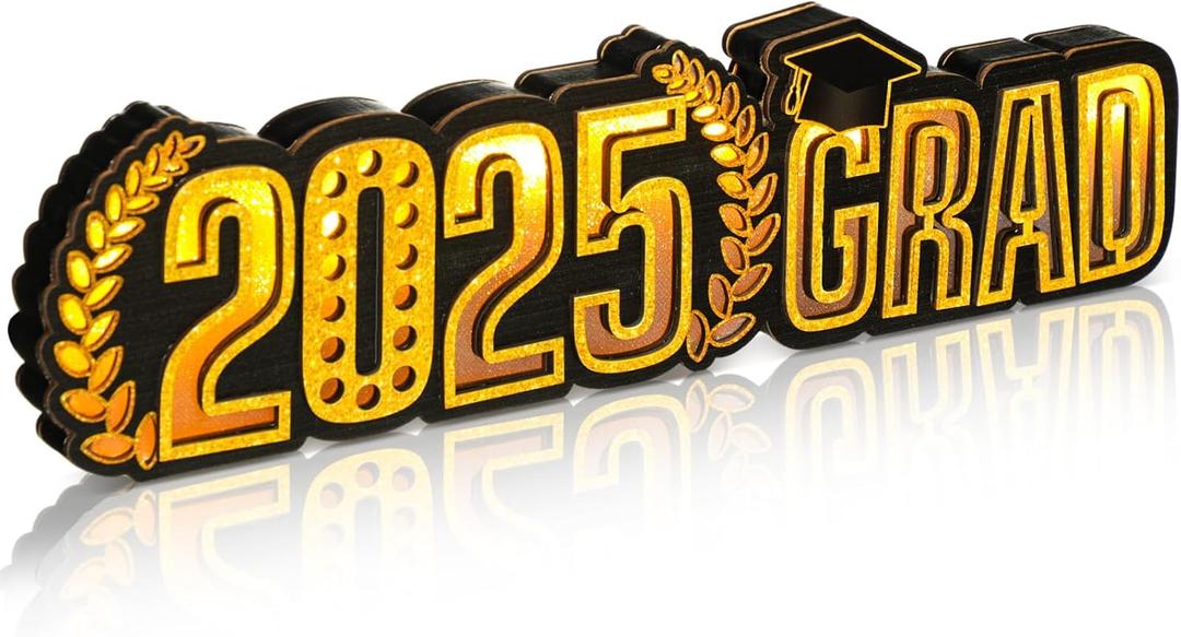 Glooglitter Graduation Wooden Tabletop Decoration 2025 Grad Sign LED Graduation Centerpiece Wood Plaque Free Standing Wood Sign for Table Party 13.8 x 3.5 Inch