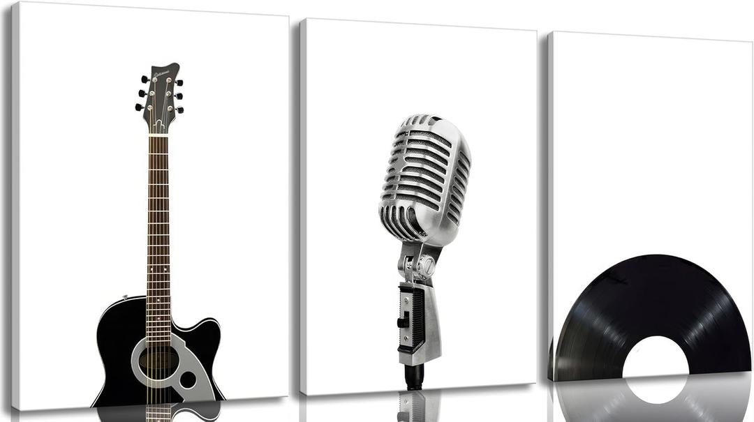 Black And White Music Canvas Wall Art Vintage Musical Instruments Posters Prints Guitar Microphone Record Painting Pictures for Music Room Wall Decor Musical Studio Decor Living Room Framed, 24"L x 16"W