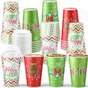 CHENGU 100 Set 16 Oz Christmas Disposable Coffee Cups with Lids Lime Green Christmas Paper Cups for Hot Cocoa Chocolate Tea Green Elf Holiday Xmas Dinner Party Supplies