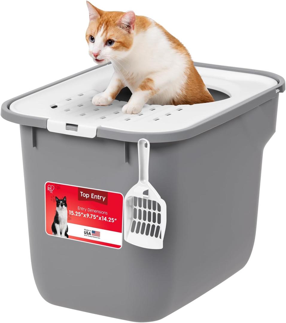IRIS USA Cat Litter Box Large Top Entry with Lid, Enclosed Litter Box with Litter Catching Lid & Scoop, Covered Cat Litter Box Enclosure for Privacy, High Sided, Gray/White