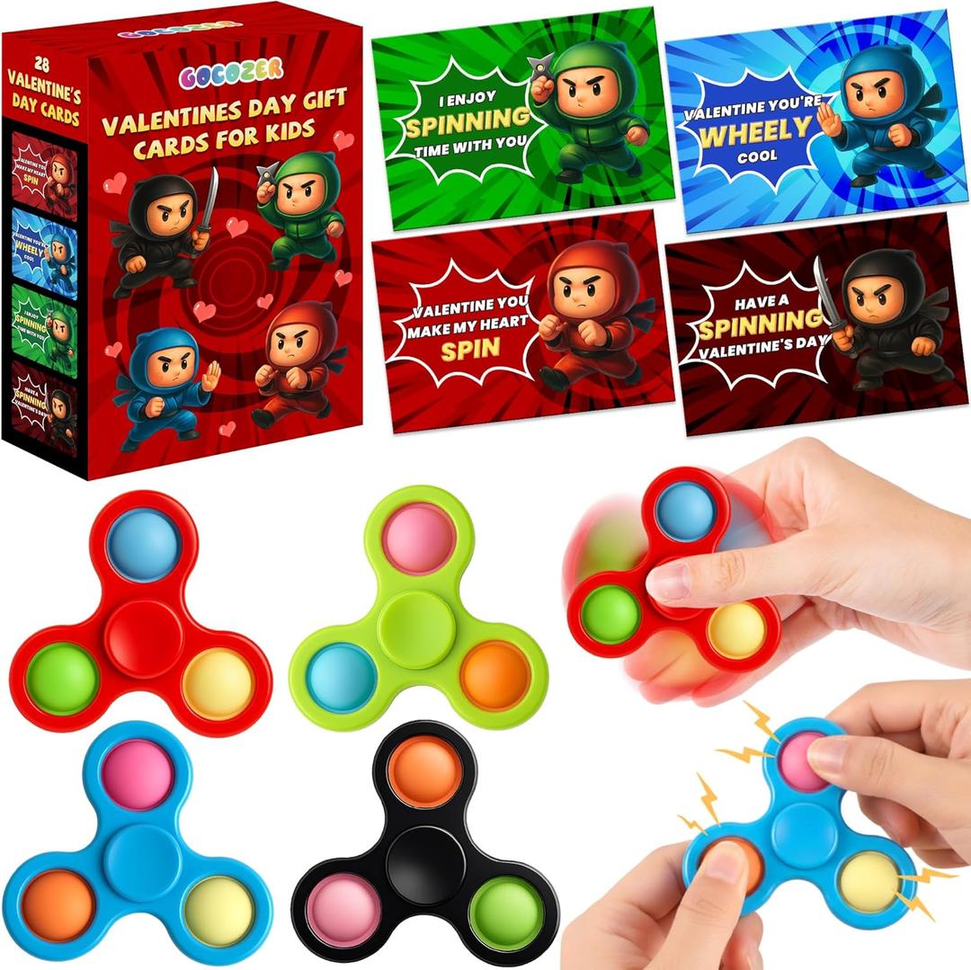 28 Pack Ninja Valentine's Day Cards for Kids with Fidget Spinners Toys, Sensory Fidget Toys for School Classroom Valentine's Gifts Exchange, Spinners Toy for Valentine's Party Favors