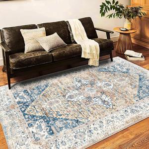 Washable Area Rug 9x12 Boho Chic Medallion Distressed Design Non-Shedding Easy Care Ideal for High Traffic Areas in Living Room Bedroom Office Coffee Table Large Carpet (Taupe and Blue)