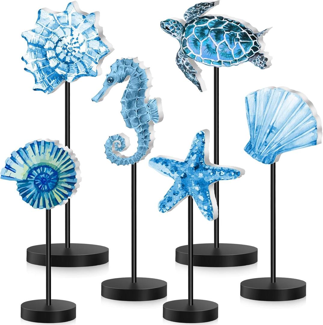 Wenqik 6 Pcs Summer Ocean Wood Table Sign Standing Wooden Starfish Sea Turtle Seashell Shell Tabletop Home Decor Rustic Wooden Tabletop Centerpiece Standing Block Decorations for Farmhouse Kitchen