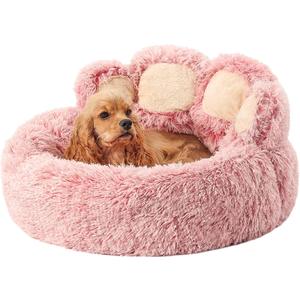 Jiupety Paw Shape Calming Pet Bed, Plush Faux Fur Donut Bed for Dogs & Cats, Machine Washable, Non-Slip Bottom, Large Size (26"x26"x8"), Pink