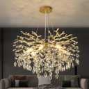EGM Gold Crystal Chandelier, 24-Inch Modern Raindrop Light Fixtures 8-Light, Hanging Round Gold Dining Room Crystal Chandelier, Tree Branch Chandeliers for Bedroom Foyer E12