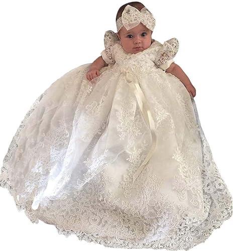 Pretty headband lace long Christening Baptism Dress for baby girl 0-3Mos