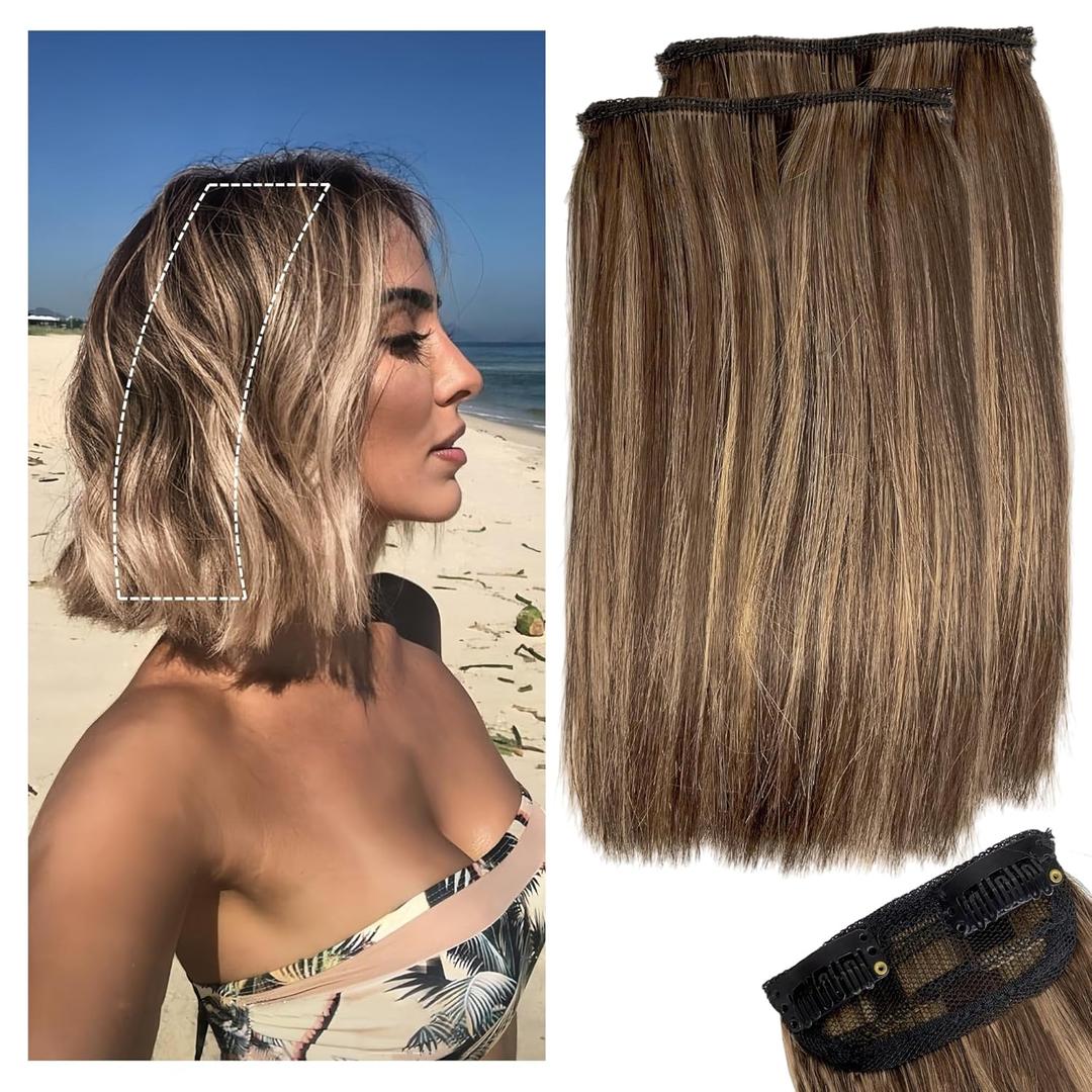 2 Pcs Short Hair Extensions, Clip in Extensions Human Hair for Women Adding Volume 6 inch Medium Brown and Honey Blonde