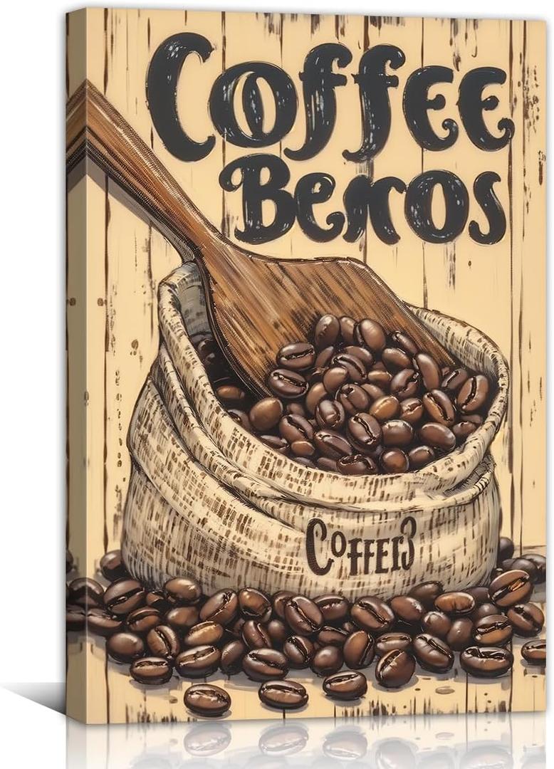 Coffee Canvas Wall Art Vintage Coffee Bean Painting Print Kitchen Food Pictures Wall Decor for Cafe Home Decor Framed(Kitchen-2,16L x 24W)