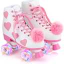 Ruthfot Women's and Girl's Classic Roller Skates with Light up Wheels and Love Heart Pattern, High-top PU Leather Rollerskates, Size: Youth's 2