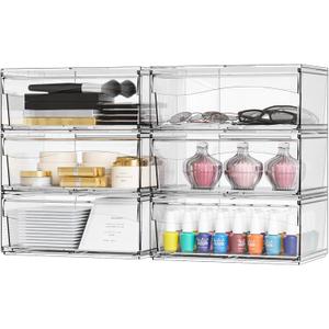 6 Pack Clear Stackable Storage Drawers, 12"W Large Bathroom Makeup Organizer and Pen, Sunglass, Medicine, Baby Bottle Organizer, Plastic Pull Out Storage Bins for Desk, Under Cabinets, Vanity Countertop