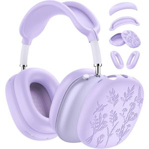 [4 in 1] Flower Engraved Silicone Case Cover for AirPods Max USB-C (2024), Anti-Scratch Sweat-Proof Ear Pad Case Cover/Ear Cups Cover/Headband Cover Accessories for AirPods Max Headphones (Purple)