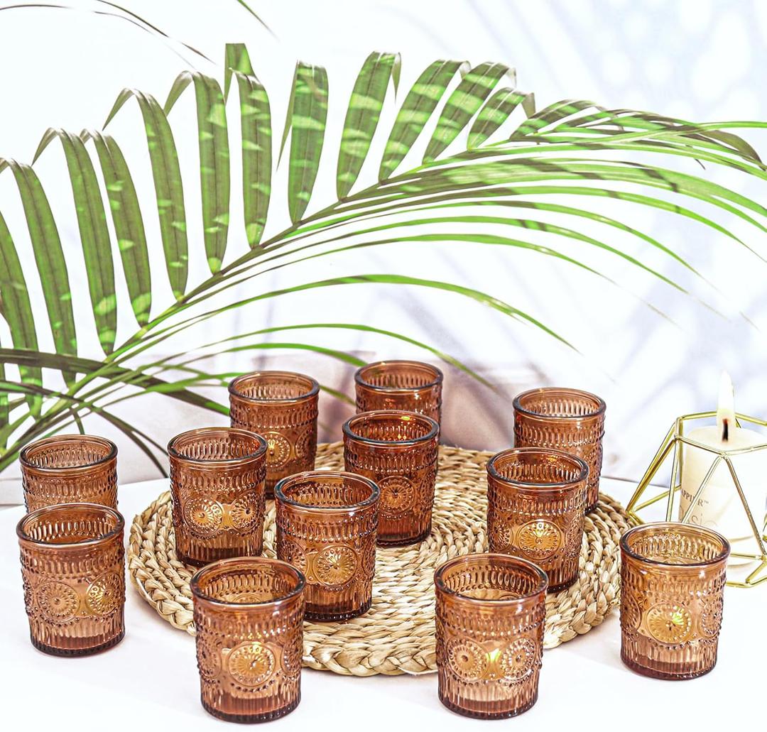 12 Pcs Amber Glass Votive Candle Holders, Tealight Candle Holders for Table Centerpieces, Vintage Candle Holder Bulk, Boho Wedding, Home, Bridal Shower, Birthday Party Table Decor (Amber)