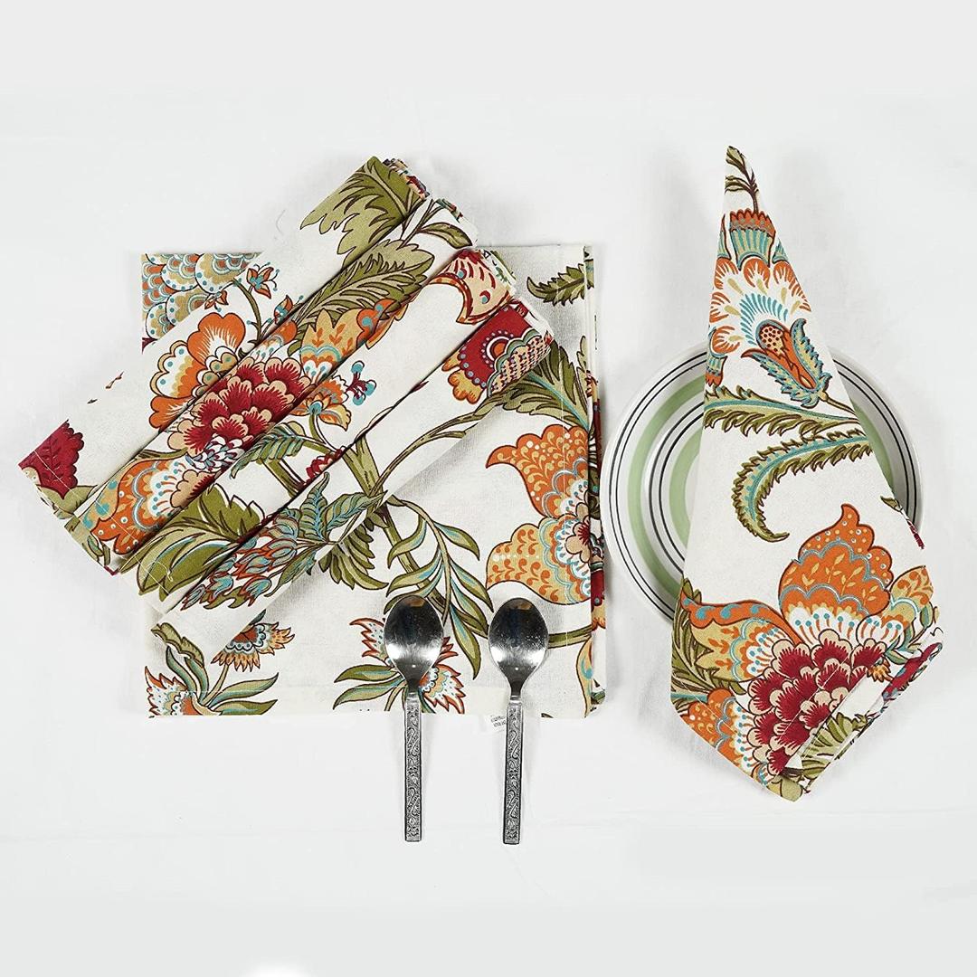 TARAN LIVING Napkins Fall Printed Cotton Cloth Napkin Reusable Boho Dinner Napkin Set Washable Dish Napkin for Gifts, Home Decor, Hotel, New Year Party - Kaveri - Set of 6, 20x20 Inches