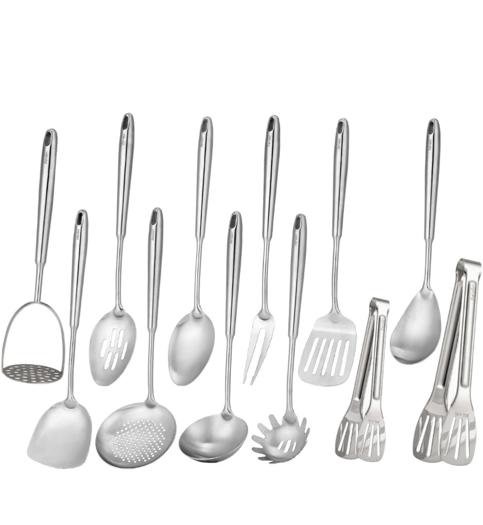 304 Stainless Steel Kitchen Utensils Set - 12 PCS Long All Metal Cooking Utensils & Large Serving Utensils - Potato Masher, Fork, Tongs, Tunner, Pasta, Serving Spoon, Skimmer, Ladle, Spatula Spoon Set