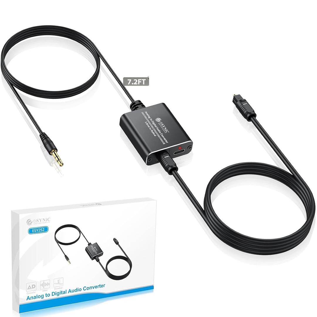 eSynic Portable 3.5 mm to Optical Audio Cable Converter-Aluminum Alloy Housing-Easy to Setup-7ft Long Analog to Digital Audio Adapter from Laptop/Gaming Consoles to Optical Soundbar-Not Bidirectional