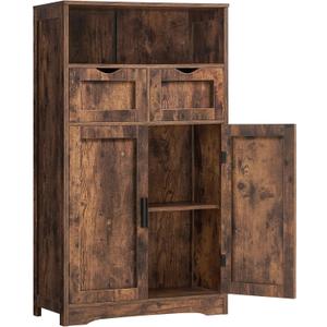Iwell Storage Cabinet with 2 Drawers & Adjustable Shelves, Cupboard, Floor Cabinet for Living Room, Home Office, Rustic Brown