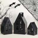 Beeveer Halloween Village Black Metal Houses Tabletop Decor Set of 3 Metal Pre-lit Halloween Haunted House Decor Sculpture Town Candle Lanterns for Parties & Events