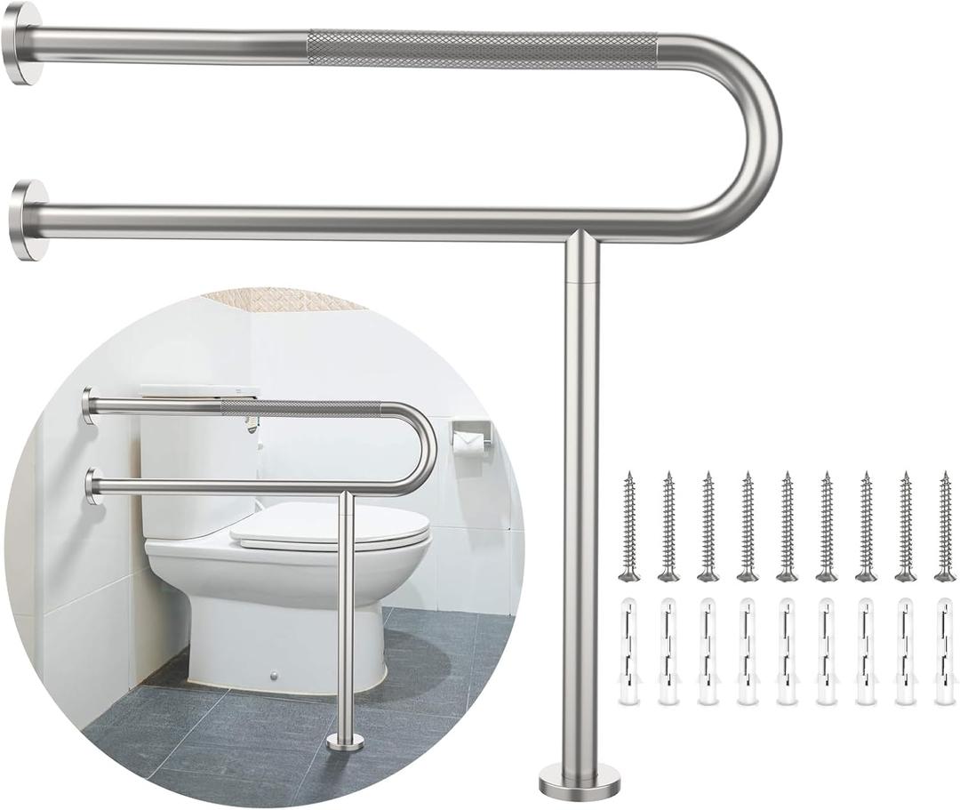 Toilet Support Rail 31.3X 31.5 Inch, Munzong Anti-Slip Satin Brushed Nickel Handicap Grab Bar for Bathroom, Stainless Steel Knurled Safety handrails with Leg for Elderly Disabled Pregnant-1.25Tube
