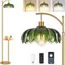 Gold Floor Lamp with Table and Shelves for Living Room Bedroom,Glass Standing Lamp with Remote Dimmable,Boho Brass Tall Lamp Vintage Farmhouse Arc Flower Floor Light Bohemian