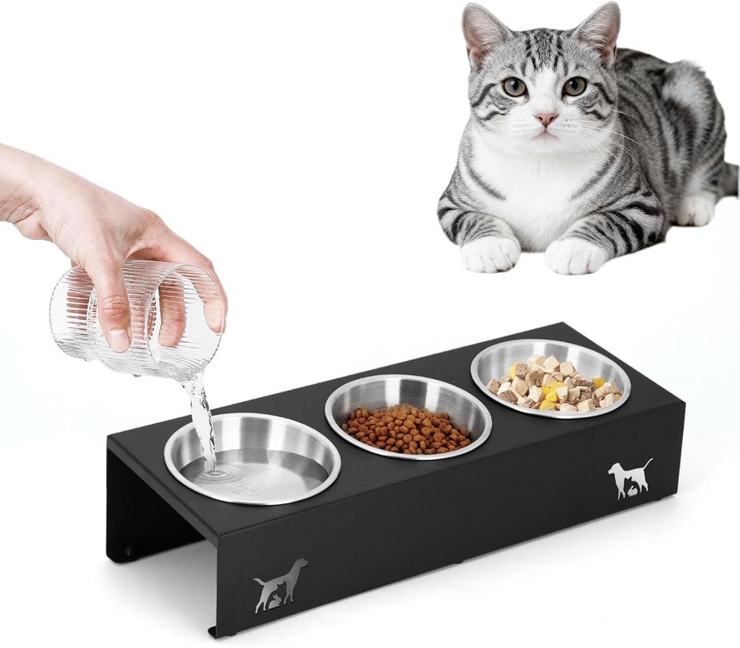 Elevated Cat Food Bowls - 15 Tilted Stainless Steel Cat Bowls, Anti Vomiting Raised Pet Feeder with Non-Slip Metal Base for Indoor Cats, 3 Bowl Set