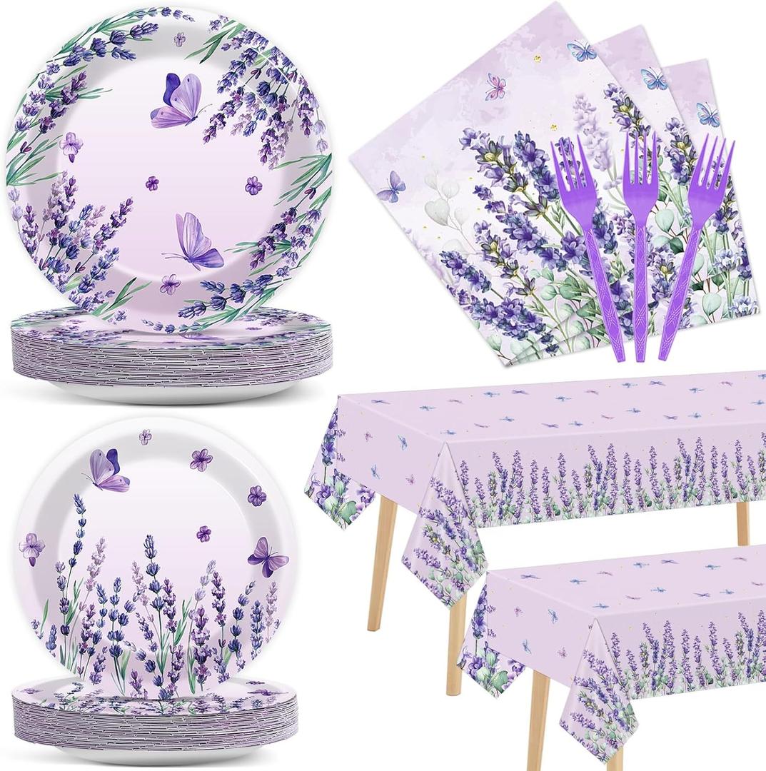 98 Pcs Purple Party Supplies Lavender Paper Plates Napkins Tablecloths Watercolor Floral Tableware Table Cover Set for Spring Summer Girl Baby Shower Birthday Party Decorations for 24 Guests