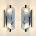 2 Pack 2 Light Oval Frosted Blue Glass Bathroom Wall Sconce Modern Concise Style Wall Light Fixture,Black Finish for Bedroom Hallway Bedside