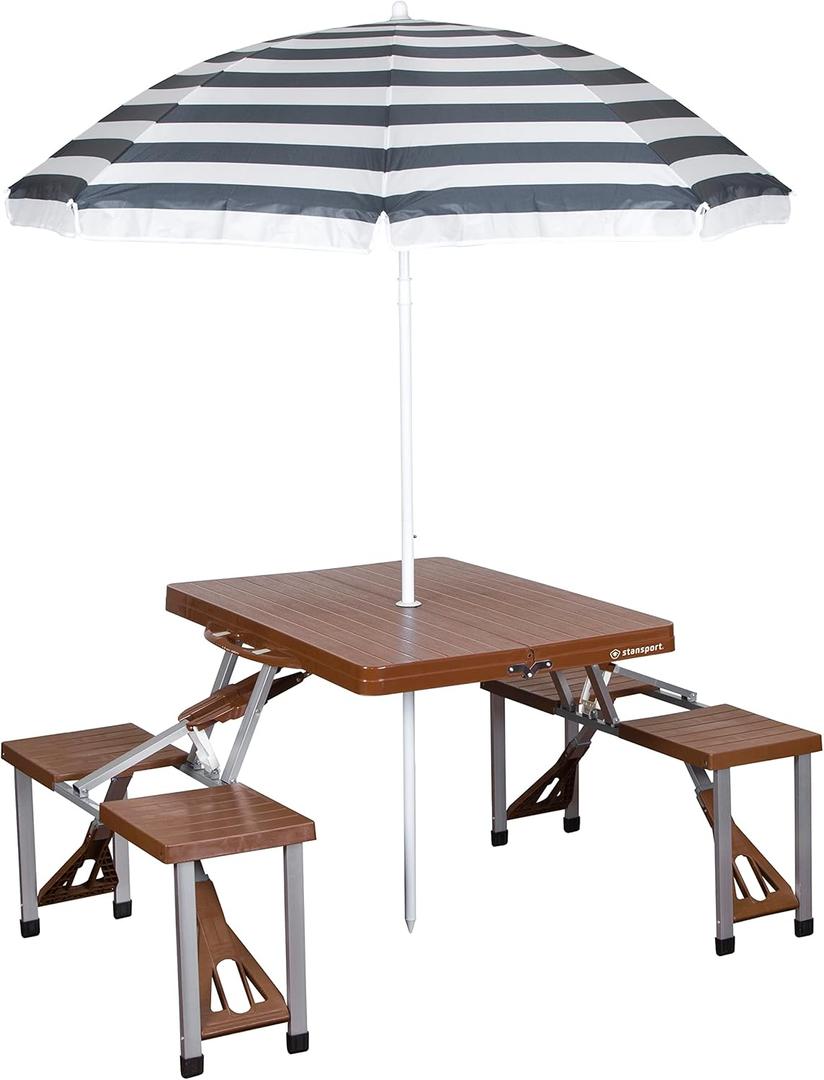 Stansport Picnic Table and Umbrella Combo, 33.5" x 75" x 25.5", Brown