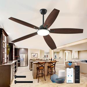 Amico Ceiling Fans with Lights, 60'' Smart Modern Ceiling Fan with Remote Control, Reversible DC Motor, 5 Blades, 6 Speeds, 3CCT, Dimmable, Noiseless, Alexa Ceiling Fan for Bedroom, Kitchen, Farmhouse (60 inch, Black)
