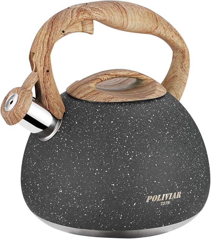 POLIVIAR Tea Kettle, 2.7 Quart Natural Stone Finish with Wood Pattern Handle Loud Whistle Food Grade Stainless Steel Teapot, AntiHot Handle and AntiRust, Suitable for All Heat Sources (JX2018GR20)