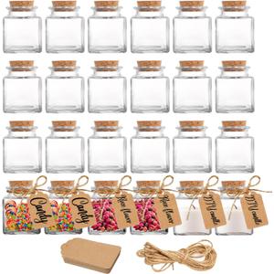 2 OZ Mini Square Glass Jars with Cork Lids, Small Glass Candy Kar with with Label Tags and Srings, Cute Craft Jars for Sandy Art DIY Crafts Birthday Gift Christmas Wedding Party