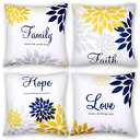 Tatuo 4 Pcs Flower Pillow Covers Square Spring Pillow Cushion Cases 18 x 18 Inch Family Faith Hope Love Words Decorative Summer Winter Cushion Case for Bed Couch Sofa Living Room(Yellow Series)